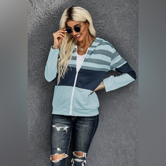 NWT aqua navy stripe zip up hoodie jacket size medium - Picture 2 of 6